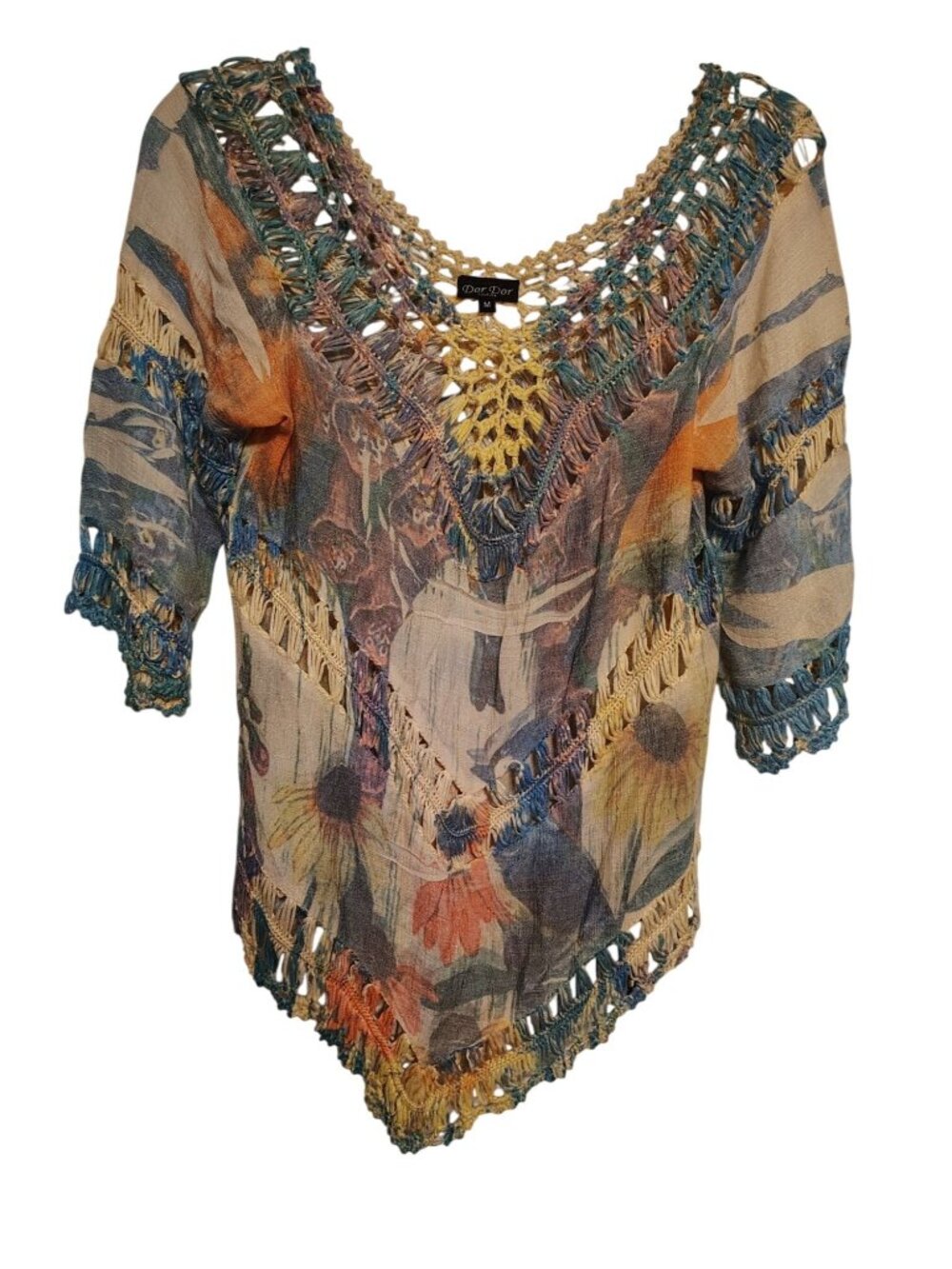 Dor Dor Couture Medium Open Knit Crochet Sweater, Boho Lagenlook Tie Dye Flower